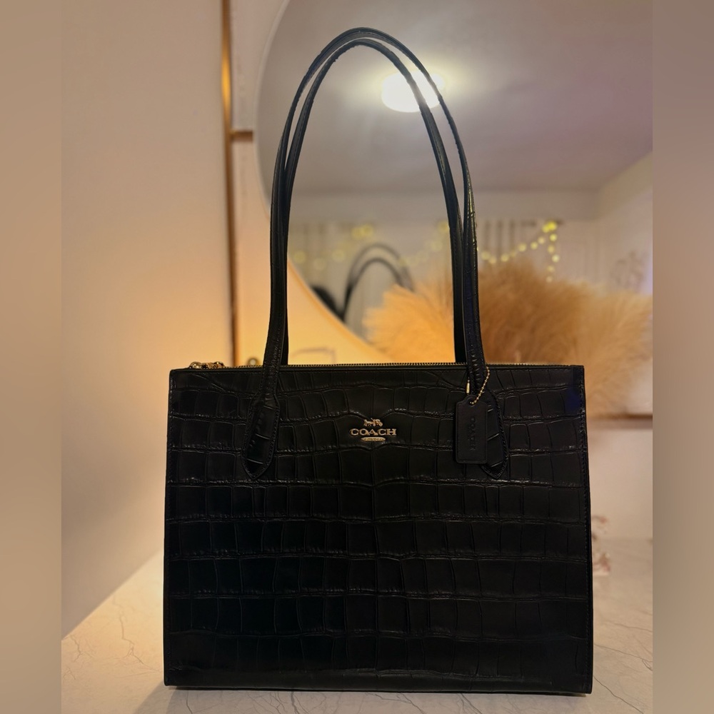COACH Black Croc Embossed Leather Tote